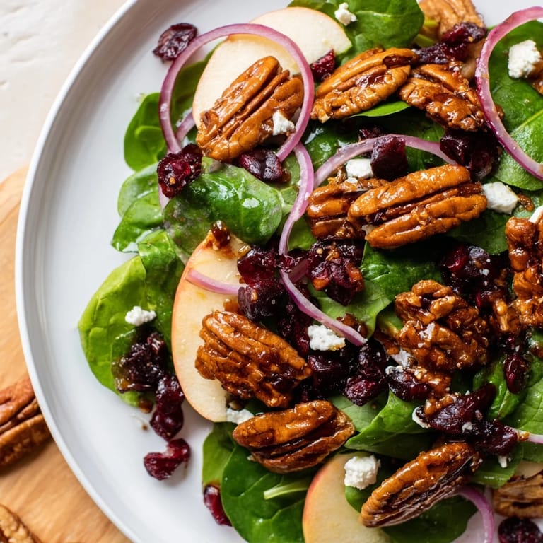 A close-up of the delicious Gingerbread spiced candied pecan salad, perfect for a cozy winter meal with family.