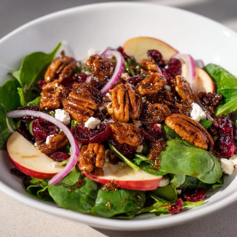 Bright, colorful bowl of Gingerbread spiced candied pecan salad; imagine the delightful blend of sweet and savory tastes.