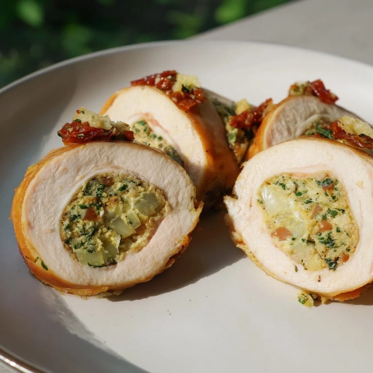 Close-up of baked Marry Me Chicken with stuffing, beautifully rolled, smelling aromatic and delicious.