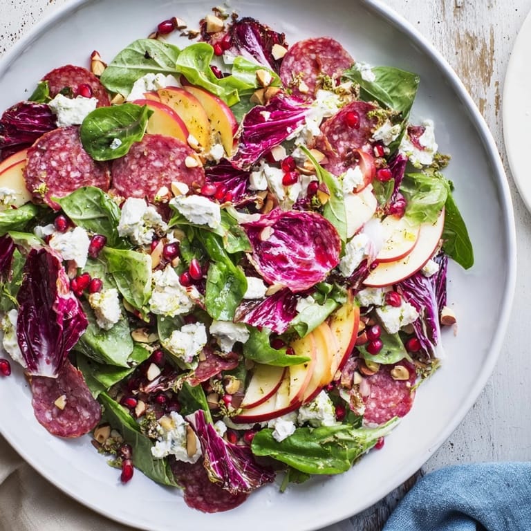 A beautiful bowl of the festive Hot Girl Christmas Salad, featuring savory salami and juicy pomegranate seeds.