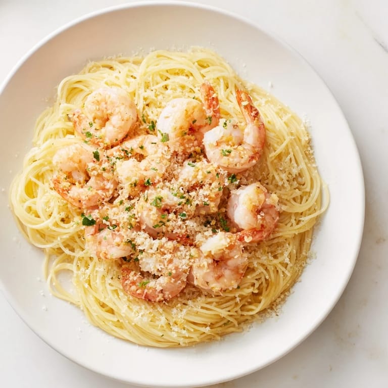 This image shows a steaming plate of One-Skillet Lemon Garlic Shrimp Angel Hair Pasta with fresh herbs.