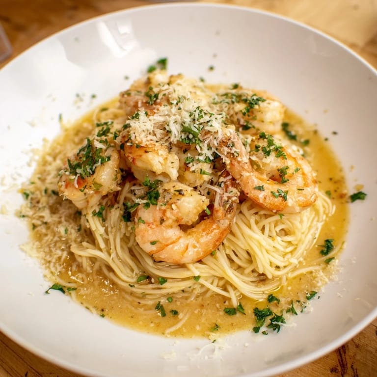 Golden shrimp and angel hair pasta swim in a lemon garlic sauce, a complete One-Skillet Lemon Garlic Shrimp Angel Hair Pasta.