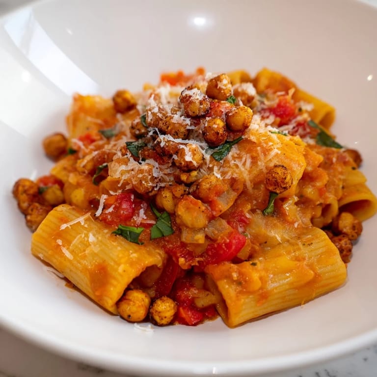 Close-up of Spicy Arrabbiata Roasted Chickpea Crunch Pasta with textures of crispy chickpeas and saucy pasta.
