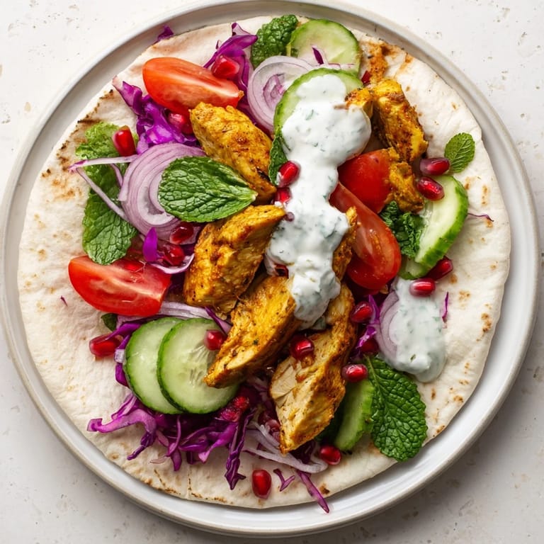 The Greek Yogurt Chicken Shawarma Christmas Wrap is filled with colorful vegetables, perfect for a festive, healthy meal.