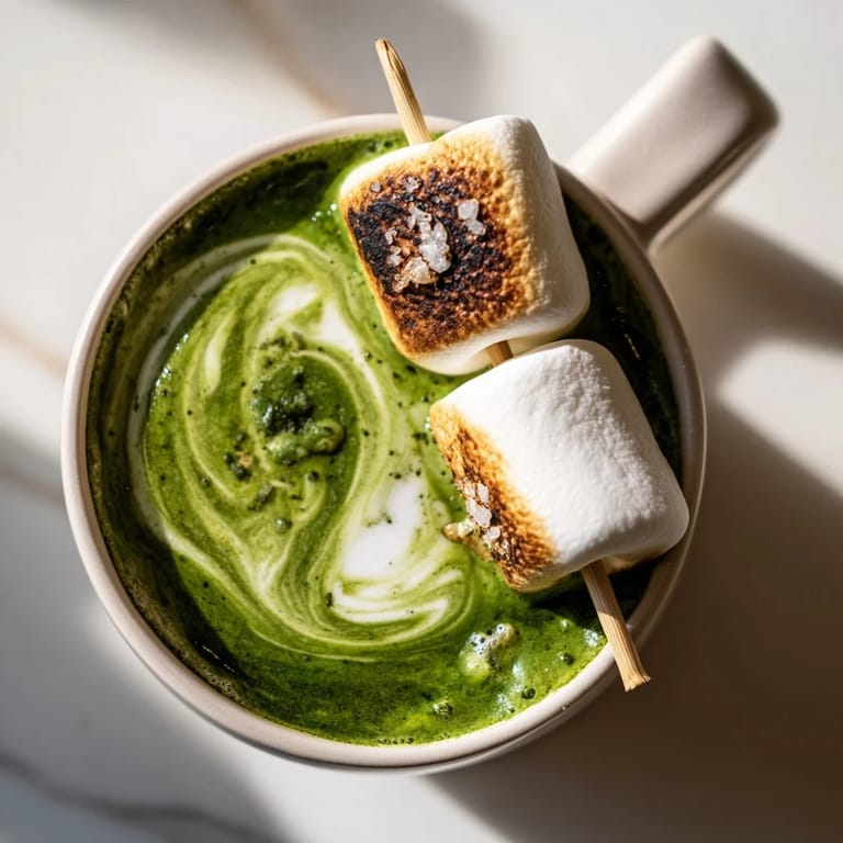 Enjoy the warm comfort of this toasted marshmallow campfire matcha hot cocoa, a cozy beverage.