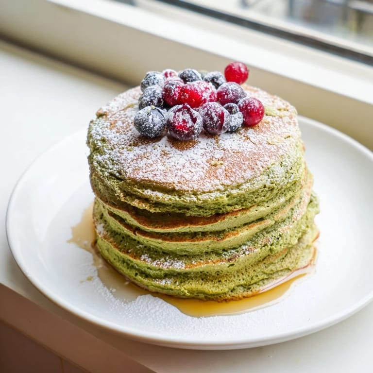 Enjoy the warm spices and vibrant green hue of these egg white gingerbread matcha soufflé pancakes.