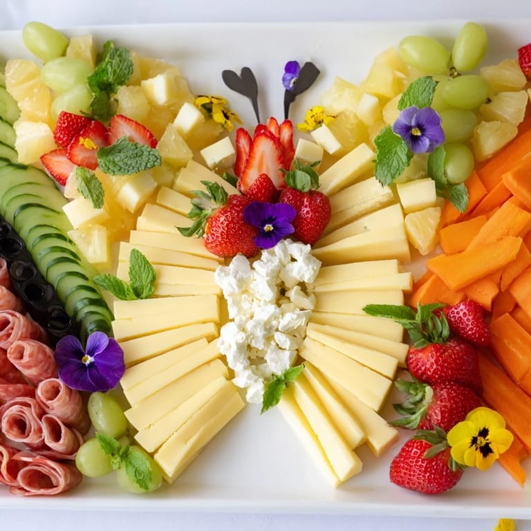 Vibrant Summer Butterfly Board: a delightful spread of fresh fruits, cheeses, and flowers for a picnic.