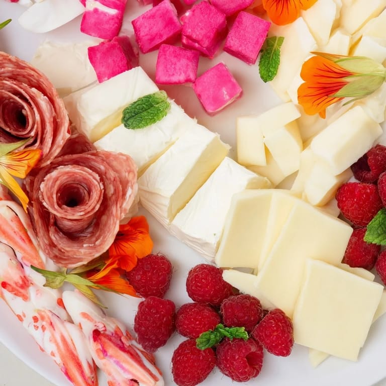 Vibrant Flamingo Paradise Board with stacked crackers and prosciutto, ideal for easy summer entertaining.