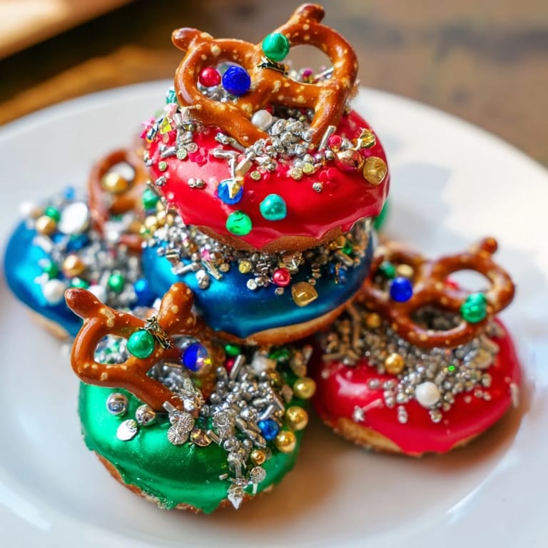 A beautiful donut stack Christmas ornament tower, showcasing mini donuts frosted like holiday baubles for a sweet treat.