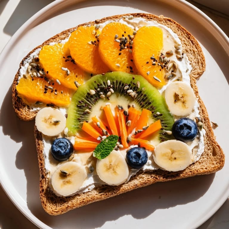 Eye-catching morning sun breakfast toast designs showcase a delightful array of colorful fruit toppings on toasted bread, a delicious breakfast.