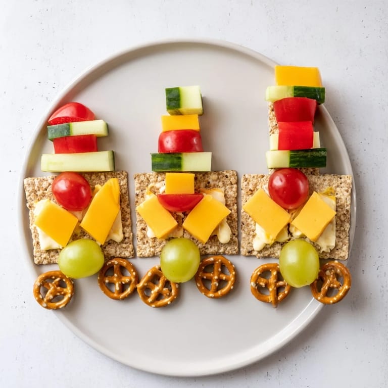 This beautiful Choo Choo Train Snack Track features a creative arrangement of cracker train cars and fresh produce.