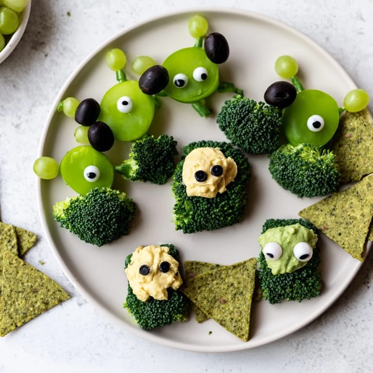 Whimsical Attaque d'Extraterrestres Snacks Verts: fresh vegetables and dips transformed into fun alien faces for kids.