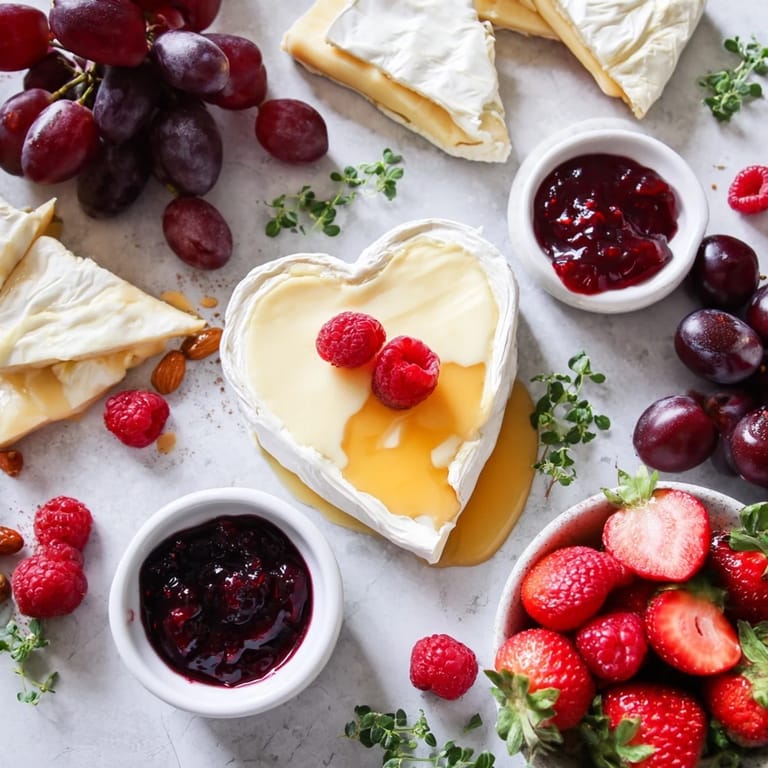 Creamy Brie, fruit, and sweet jam star in this delightful Sweetheart Brie and Jam Board, ready to share.