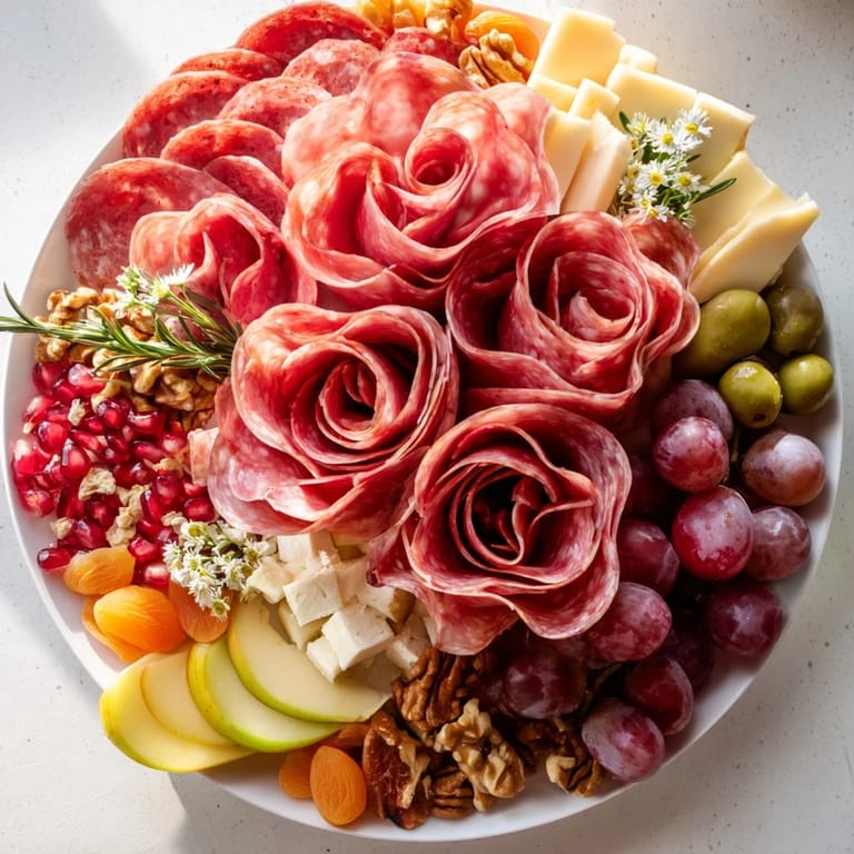 Festive charcuterie display with a beautiful meat rose bouquet and colorful garnishes to enjoy.