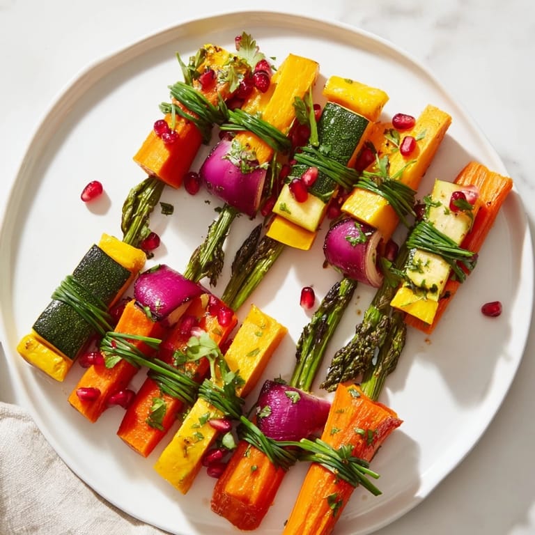 Imagine vibrant, roasted Christmas Present Veggie Crates, tied with chives and garnished with pomegranate seeds.