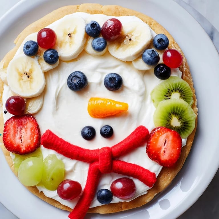 Delicious Melting Snowman Fruit Pizza ready to slice, showing a fun and festive dessert for kids.
