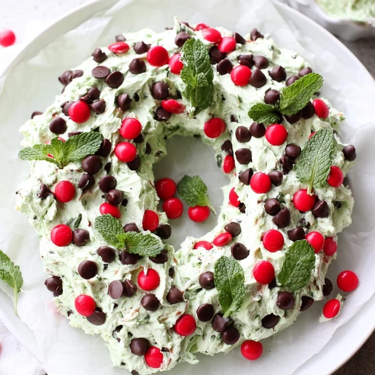 Homemade Mint Chocolate Chip Dip Wreath ring on a plate, ready to be served with cookies.