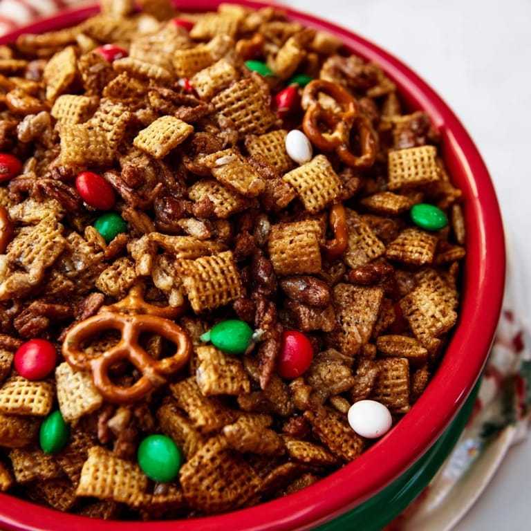A close-up of a vibrant bowl filled with holiday mix, perfect for sharing at gatherings.