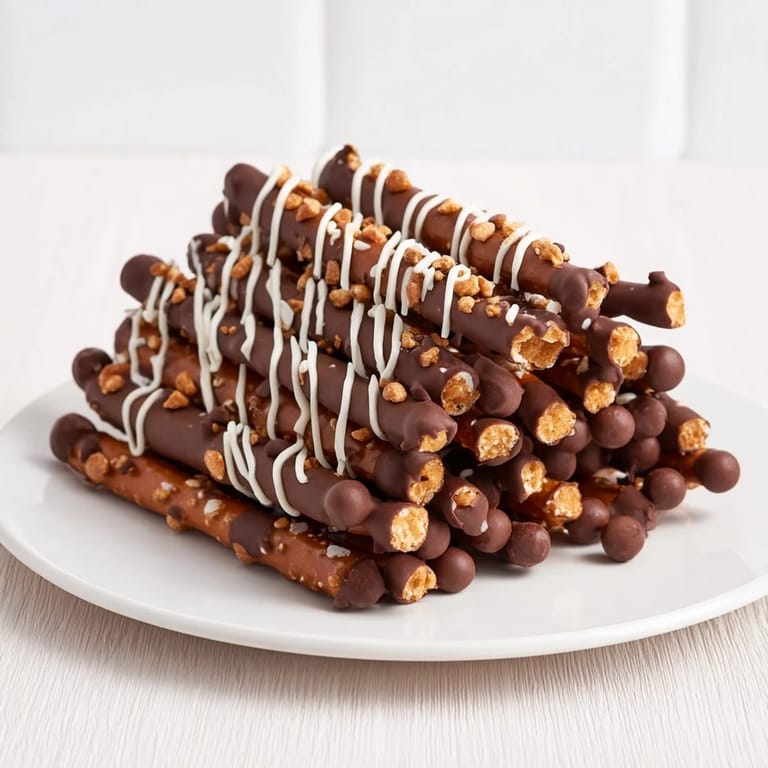 Sweet chocolate covered pretzel stick stack presents a delightful mix of crunchy pretzels and melted chocolate goodness.