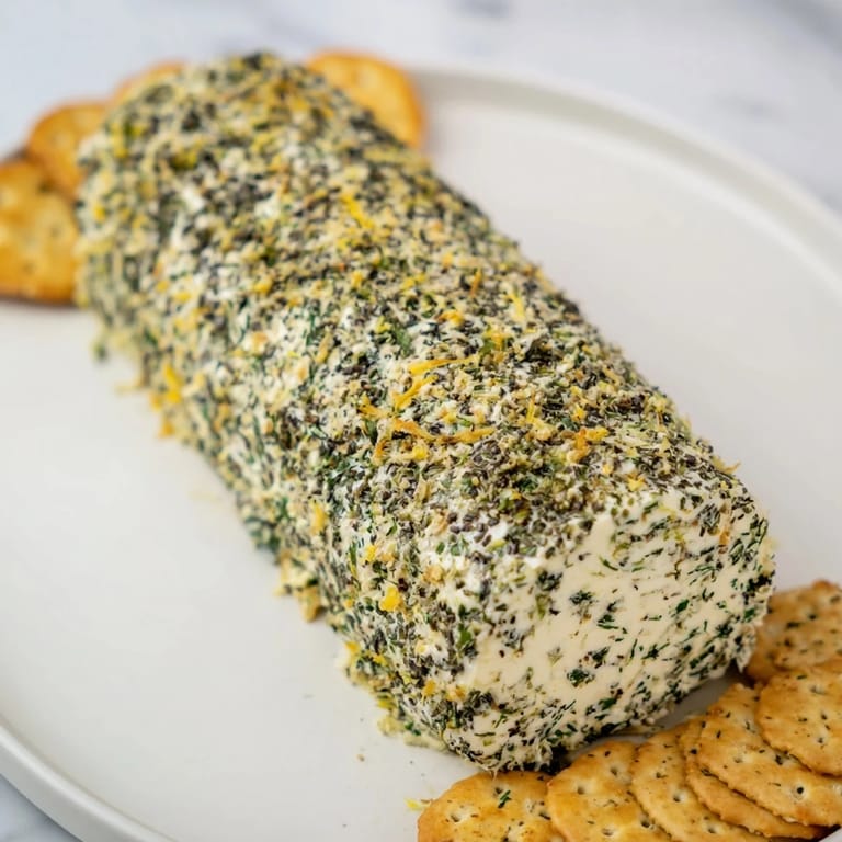 Fresh herbs coat a log of cheese, beside crunchy crackers, ideal for your next party.