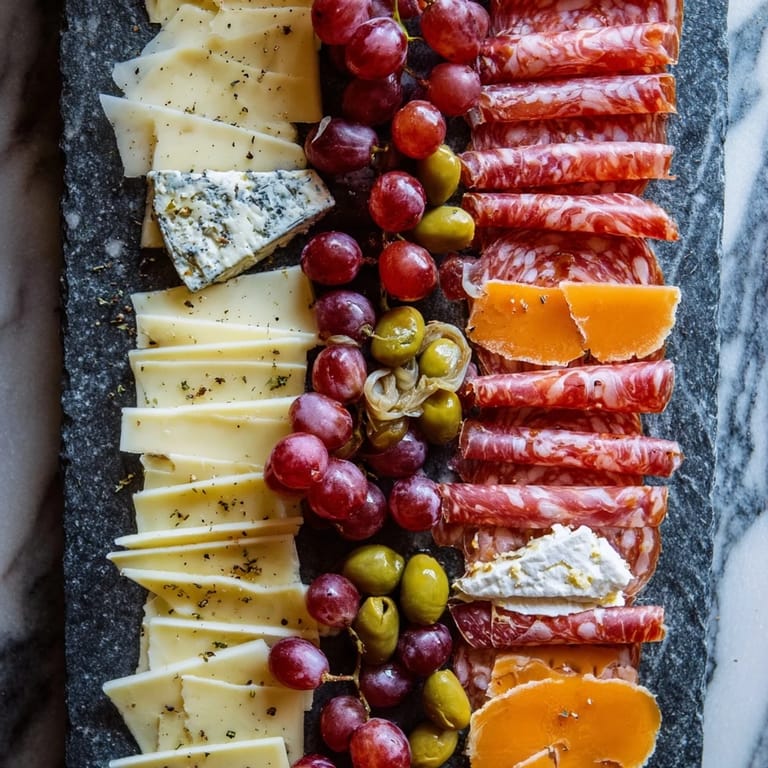 Arranged on a slate, The Industrial Slate features a vibrant array of cured meats and sharp cheeses.