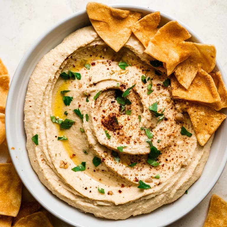 An overhead shot of The Sahara Dune: smooth hummus hills and crunchy pita crisps.