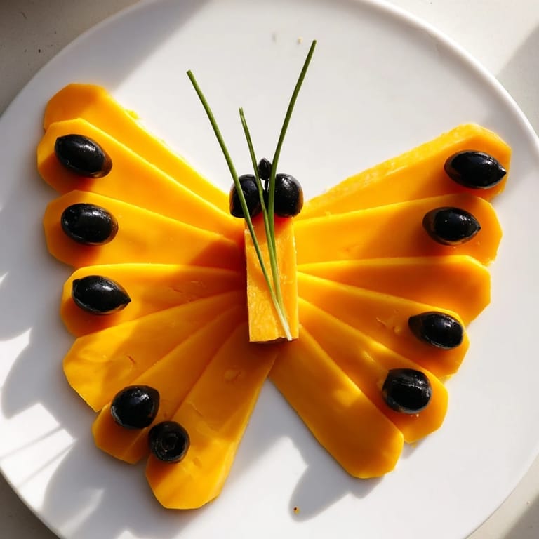See a delightful Butterfly Migration party platter; cheddar cheese butterflies with black olive details and salami bodies.