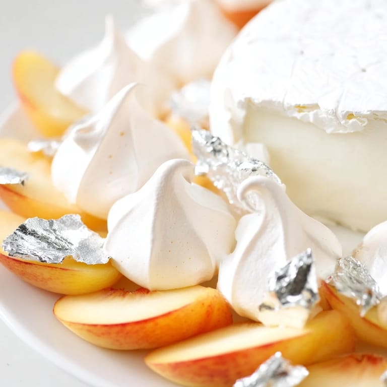 This photo showcases The Pearly Gates: a stunning cheese board with white peaches, brie, and crisp meringues.