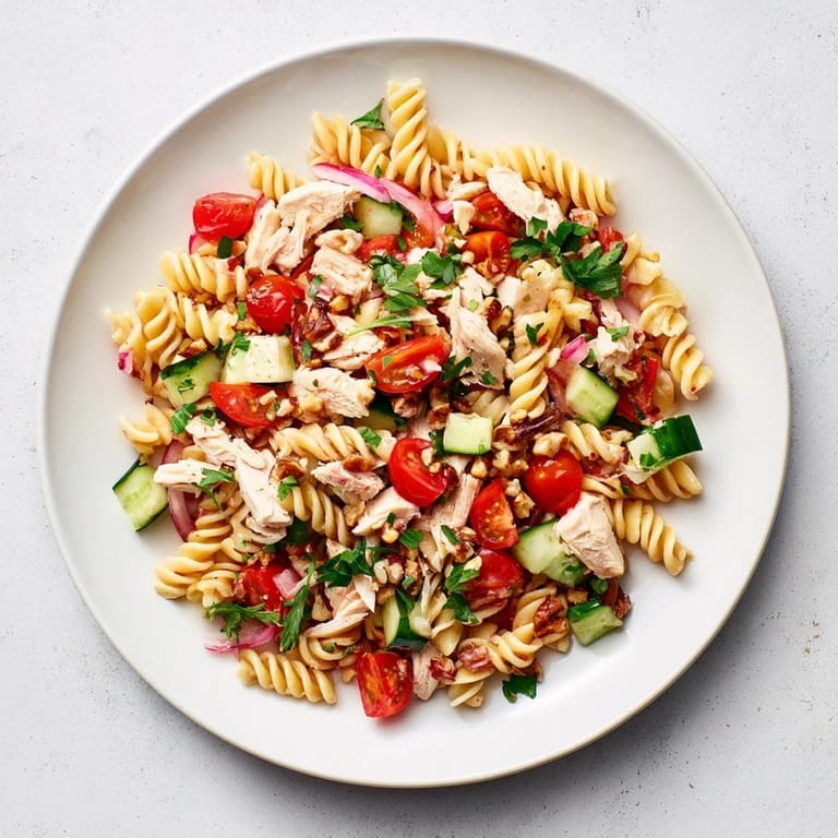 This delicious pasta salad with cranberry vinaigrette features rotini, juicy chicken, and a zesty, homemade dressing.
