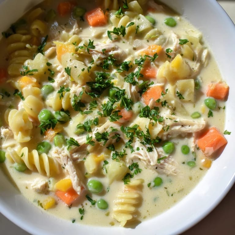 Enjoy a steaming bowl of Chicken Pot Pie Pasta Soup, ready to warm you on a chilly evening.