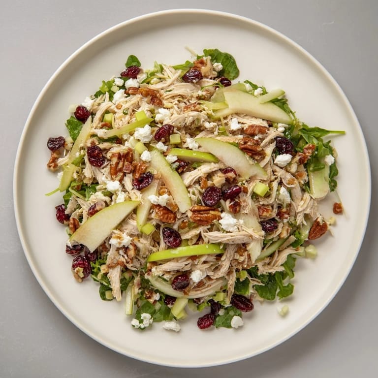 A bright overhead shot showcasing the Chicken and Apple Winter Salad, ready to be tossed and enjoyed.
