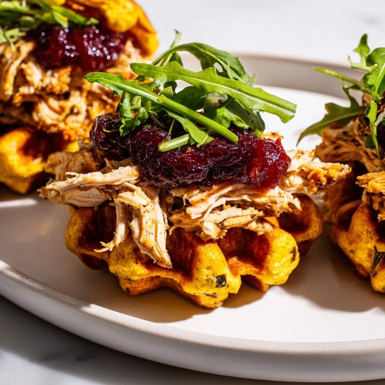 Tender, shredded chicken nestled between stuffing waffles for delicious stuffing waffle chicken sliders.