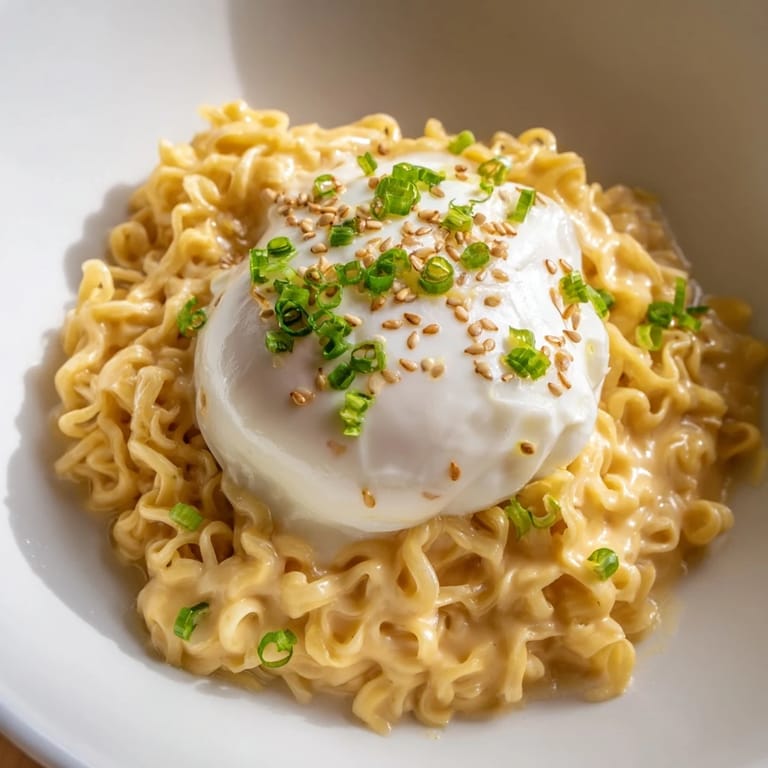 A close-up shot of a cheesy Instant Cheese Ramen Bowl, garnished with fresh green onions.