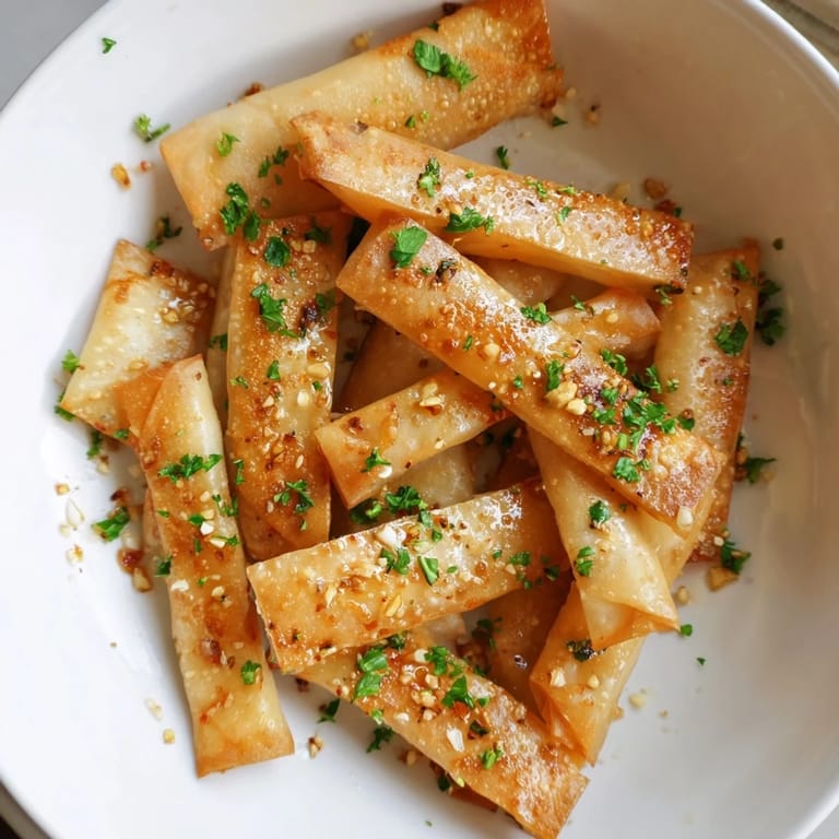 Freshly fried crispy garlic lumpia chips, showcasing the enticing aroma of garlic and golden perfection.