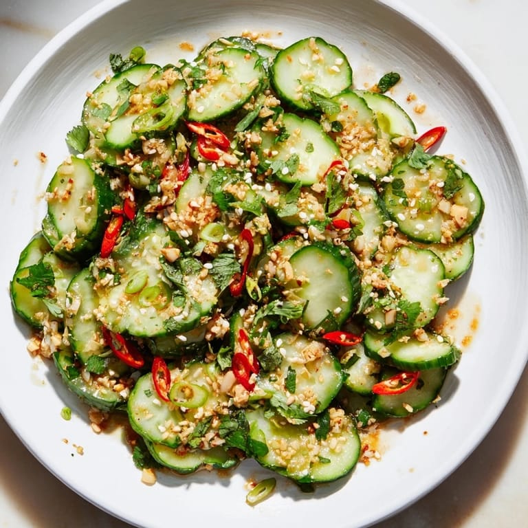 A close-up view of a bright, cooling Shaken Asian-Style Cucumber Salad with chili flakes.