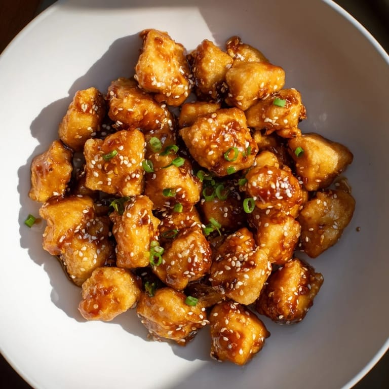 Crispy Honey-Sriracha Chicken Bites: Picture tender chicken coated in a flavorful, shiny, savory sauce.