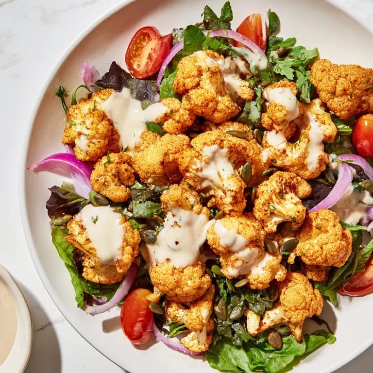 The vibrant Crispy Cauliflower Salad features crispy florets atop a bed of greens, waiting to be drizzled with tahini sauce.