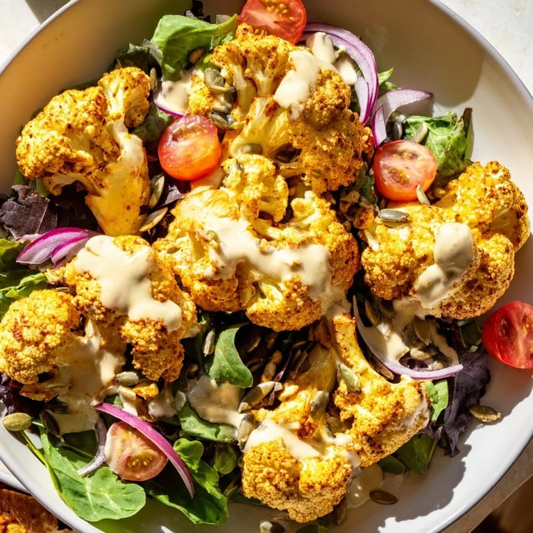 Enjoy the satisfying crunch of Crispy Cauliflower Salad with tahini, a vegetarian meal bursting with flavor and textures.