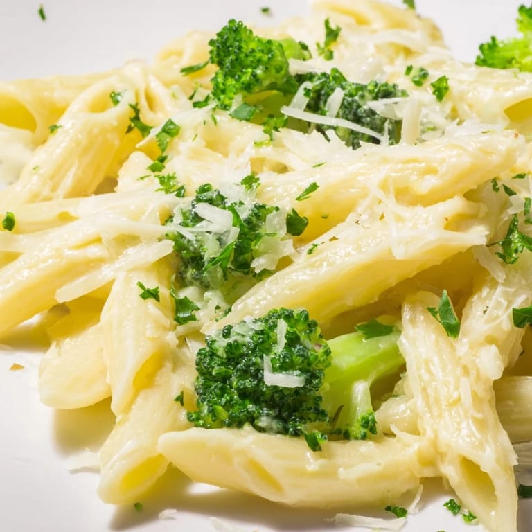 Close-up of golden cream cheese garlic pasta, with visible broccoli florets, ready to be enjoyed.