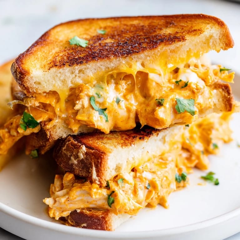 A close-up of a bubbling Savory Butter Chicken Grilled Cheese, perfectly golden and ready to slice.