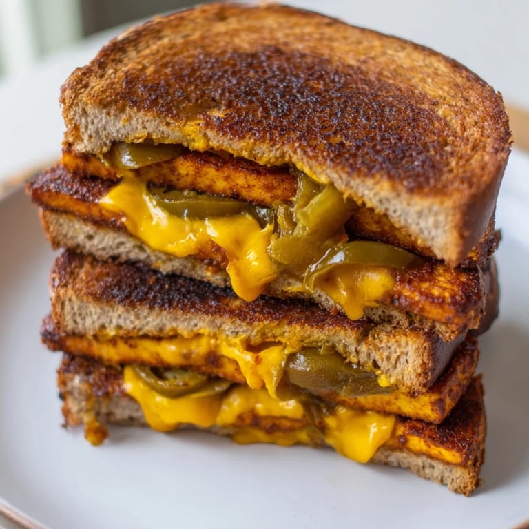 A visually appealing Spicy Crispy Tofu Grilled Cheese sandwich, perfect for a cozy, vegan meal.