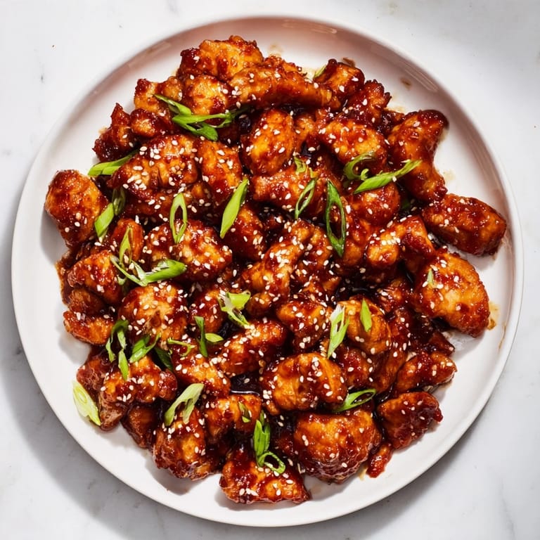Golden brown Sweet and Spicy Sriracha Honey Chicken skillet with garnishes of green onions and sesame seeds.