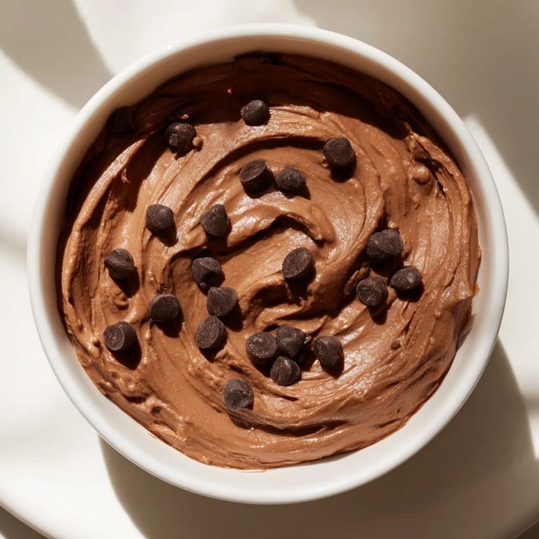 Creamy chocolate hummus swirled, garnished with dark chocolate chips, ready for dipping pretzels.