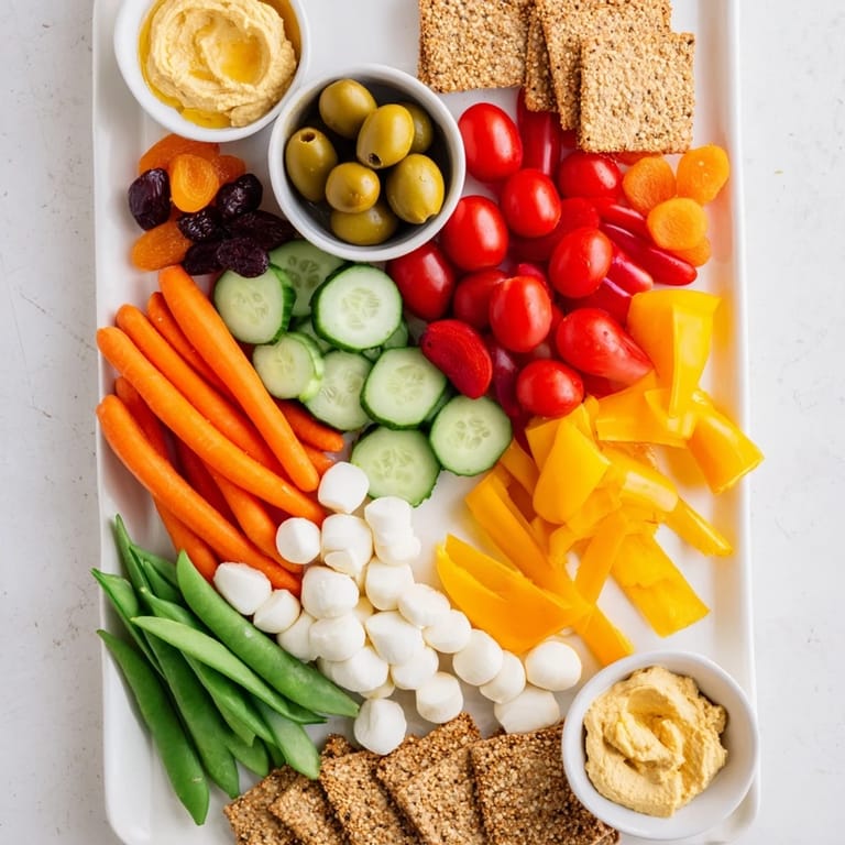 This Veggie Snack Board offers a delightful spread, featuring fresh ingredients and tasty crackers, ideal for lunch.