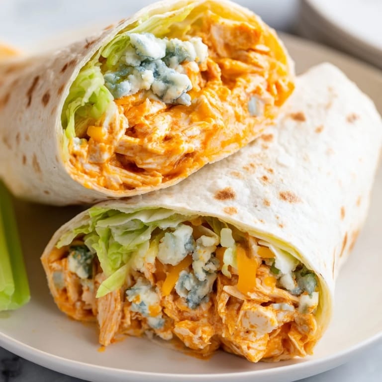 Freshly made Buffalo Chicken Dip Wrap with crisp lettuce peaking out, ideal for a satisfying lunch or snack.