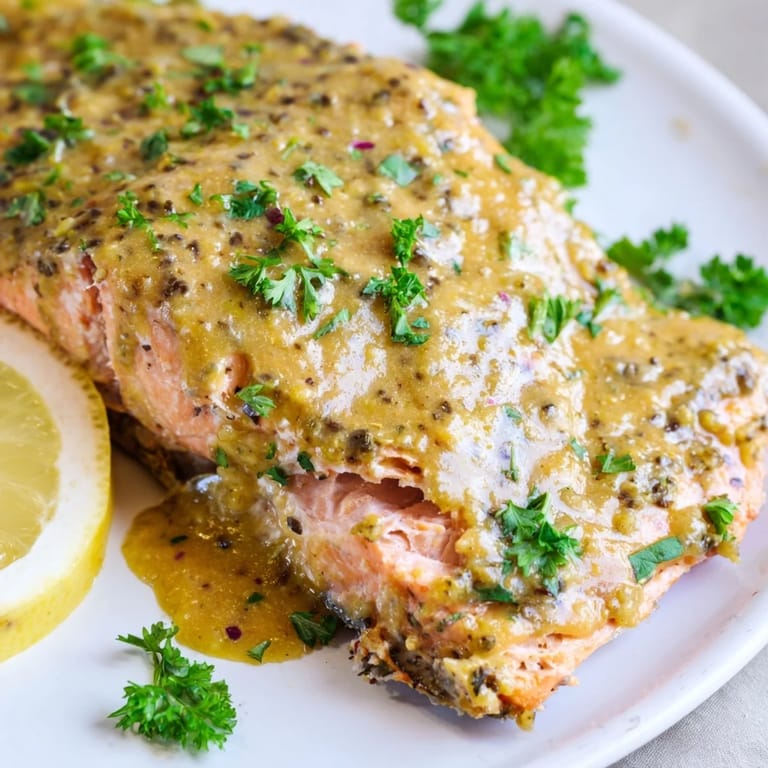 Oven-baked Honey Mustard Salmon with a savory glaze, served alongside fresh parsley and a lemon wedge.