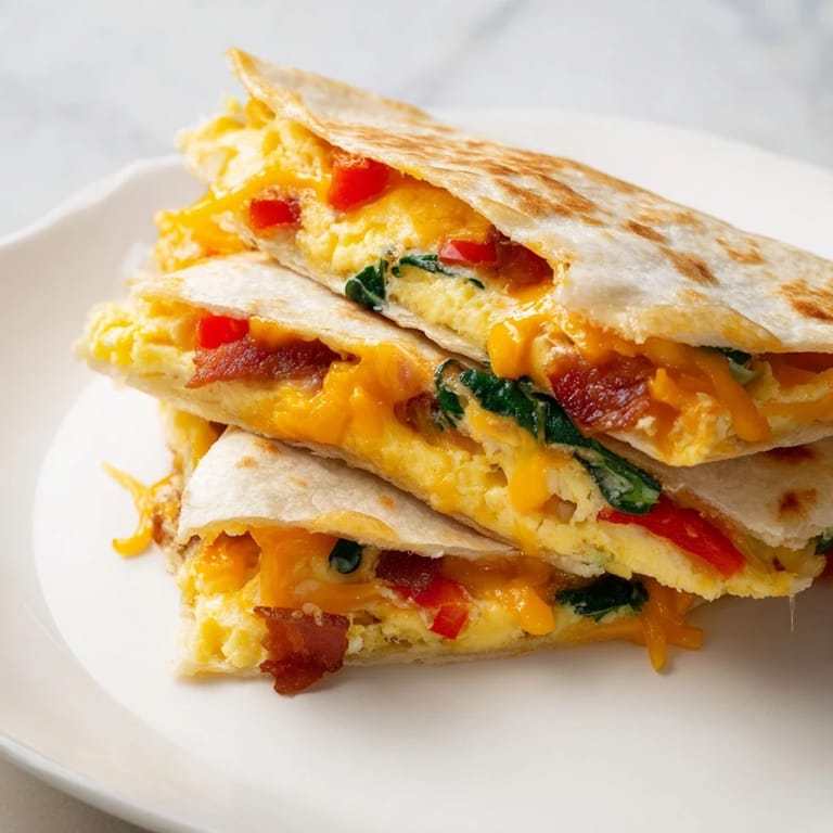 Close-up of a perfectly cooked Breakfast Quesadilla Hack, oozing cheese and delicious breakfast fillings.