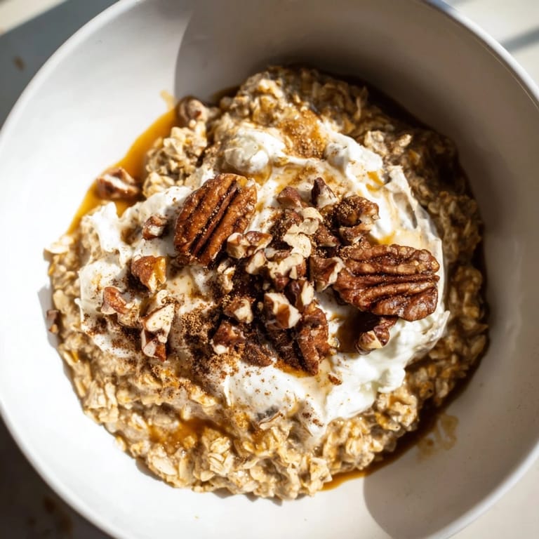 Close-up of creamy Pumpkin Spice Latte Oats with a drizzle of maple syrup and cinnamon.