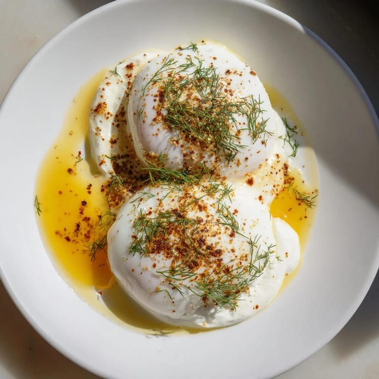 Enjoy a plate of Cilbir, with velvety poached eggs and a drizzle of spiced brown butter, ready to eat.