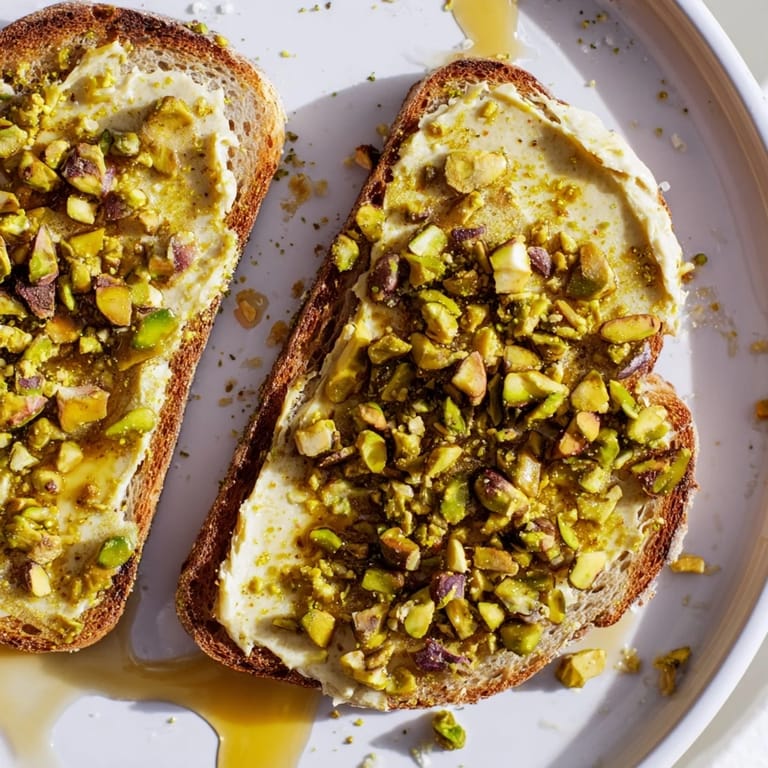 Enjoy a gourmet snack: pistachio butter toast with crunchy pistachios and sea salt.